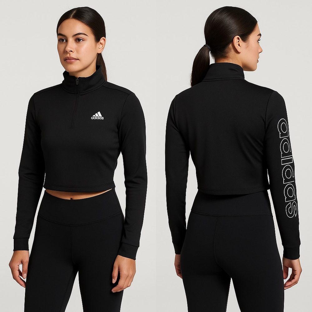 Adidas Women’s Black ¼-Zip Cropped Pullover Top XS | Logo Sleeve |